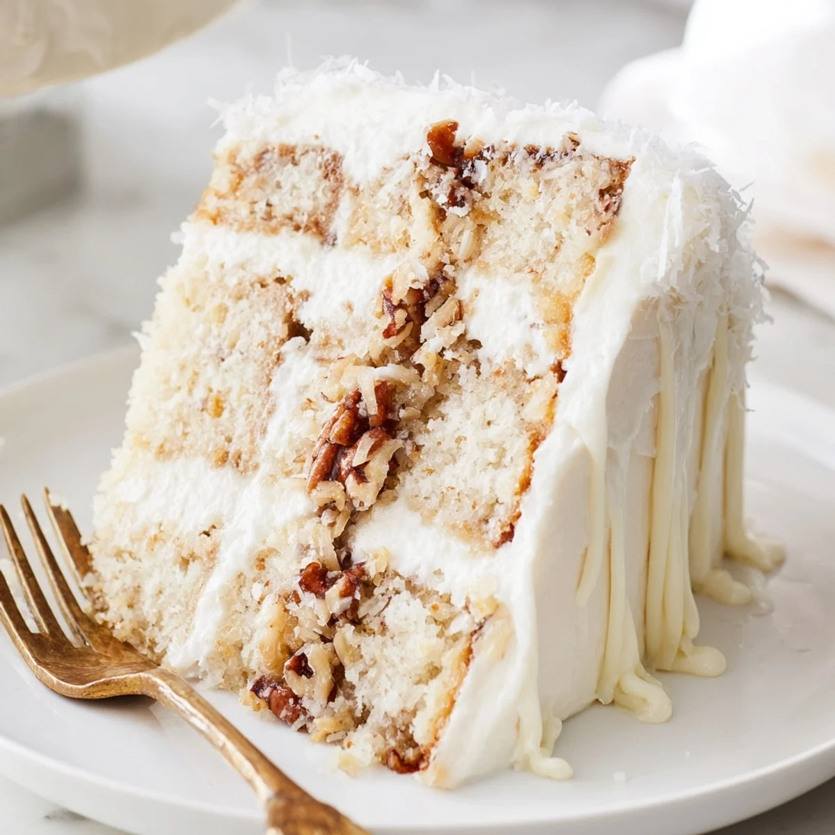Sliced white German chocolate cake showing fluffy white cake layers topped with toasted coconut pecan frosting