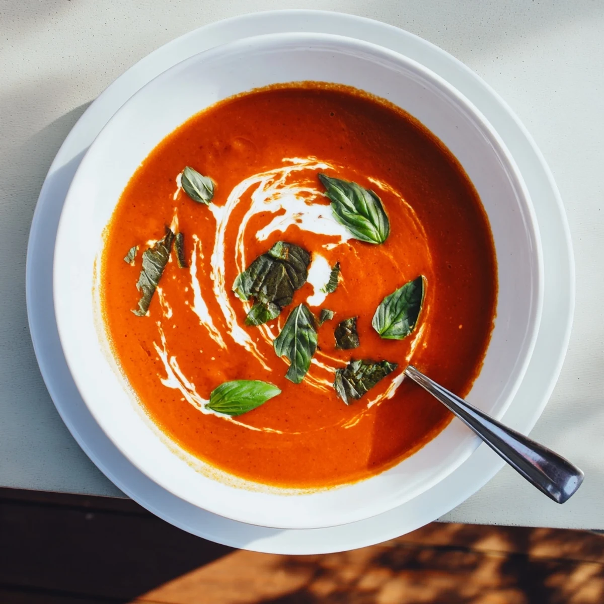 Steam rising from a bowl of velvety cozy tomato soup with roasted tomatoes