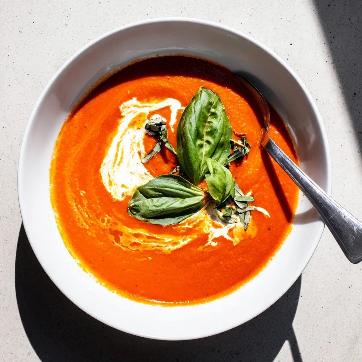 Creamy cozy tomato soup in a white bowl garnished with fresh basil leaves