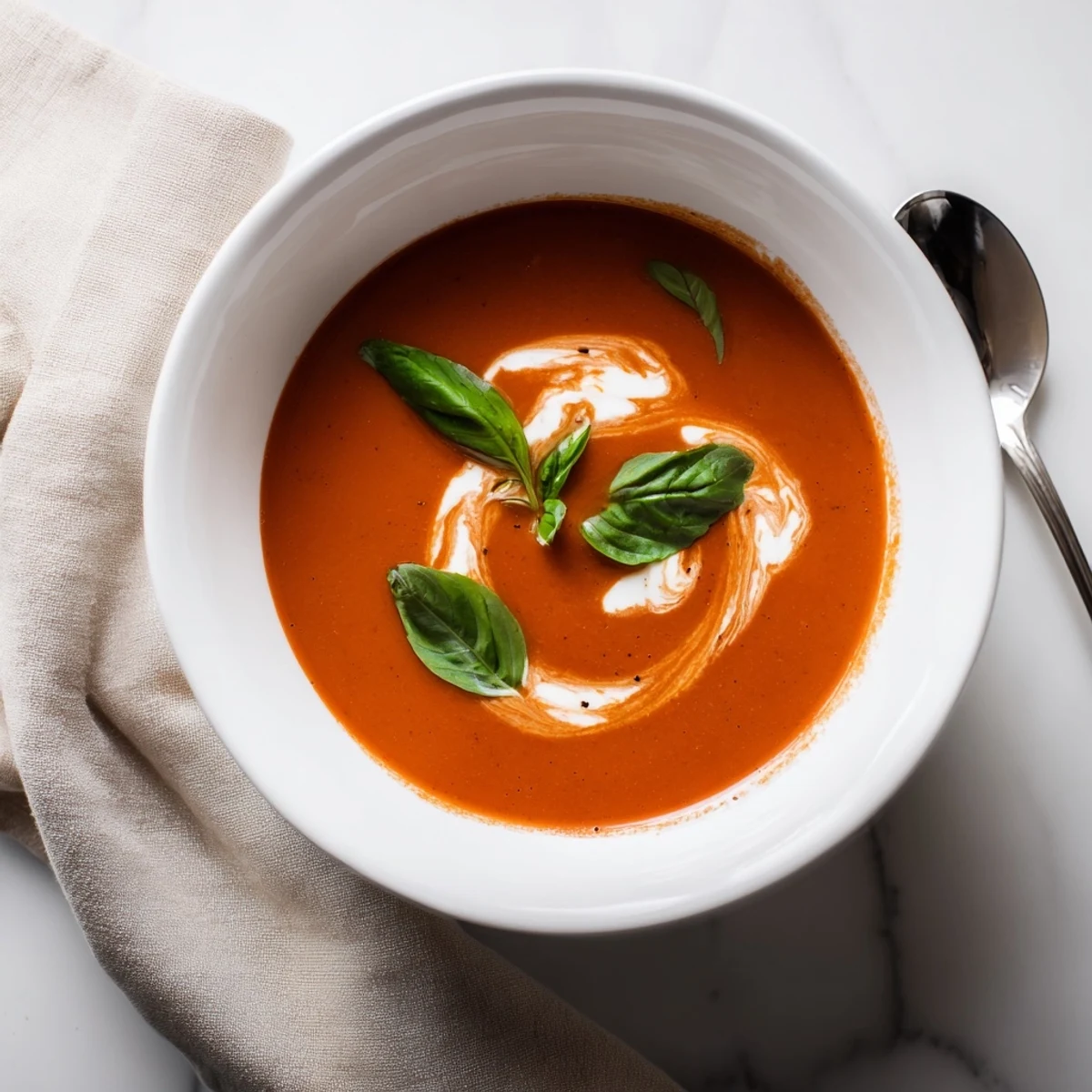 Golden cozy tomato soup topped with cream swirl and crusty bread on side