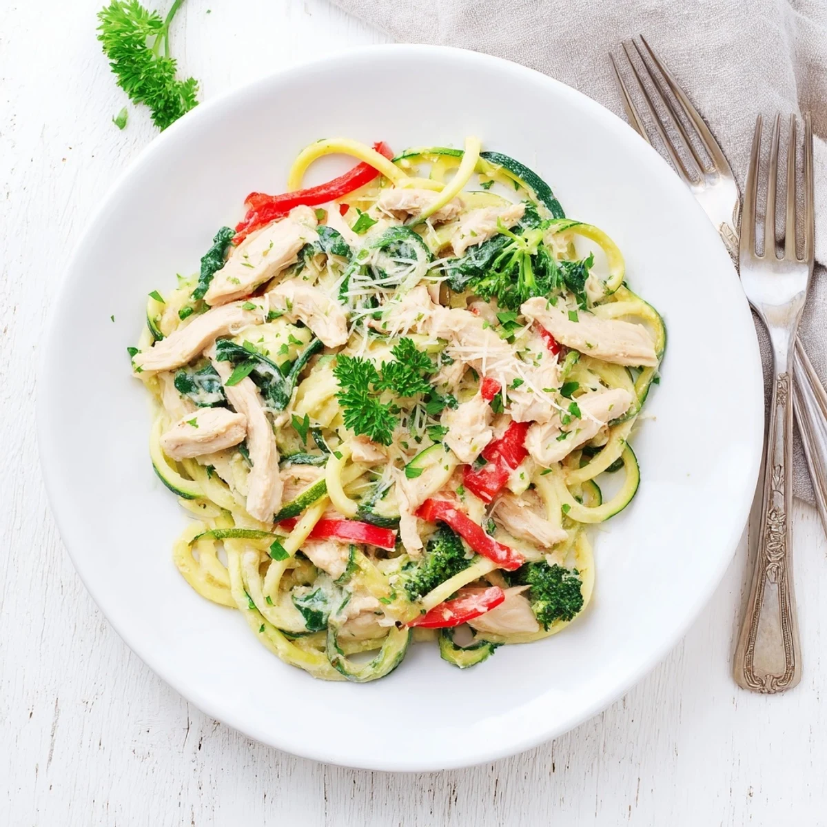 Creamy zucchini noodle chicken Alfredo bowl with tender broccoli, red pepper, and spinach