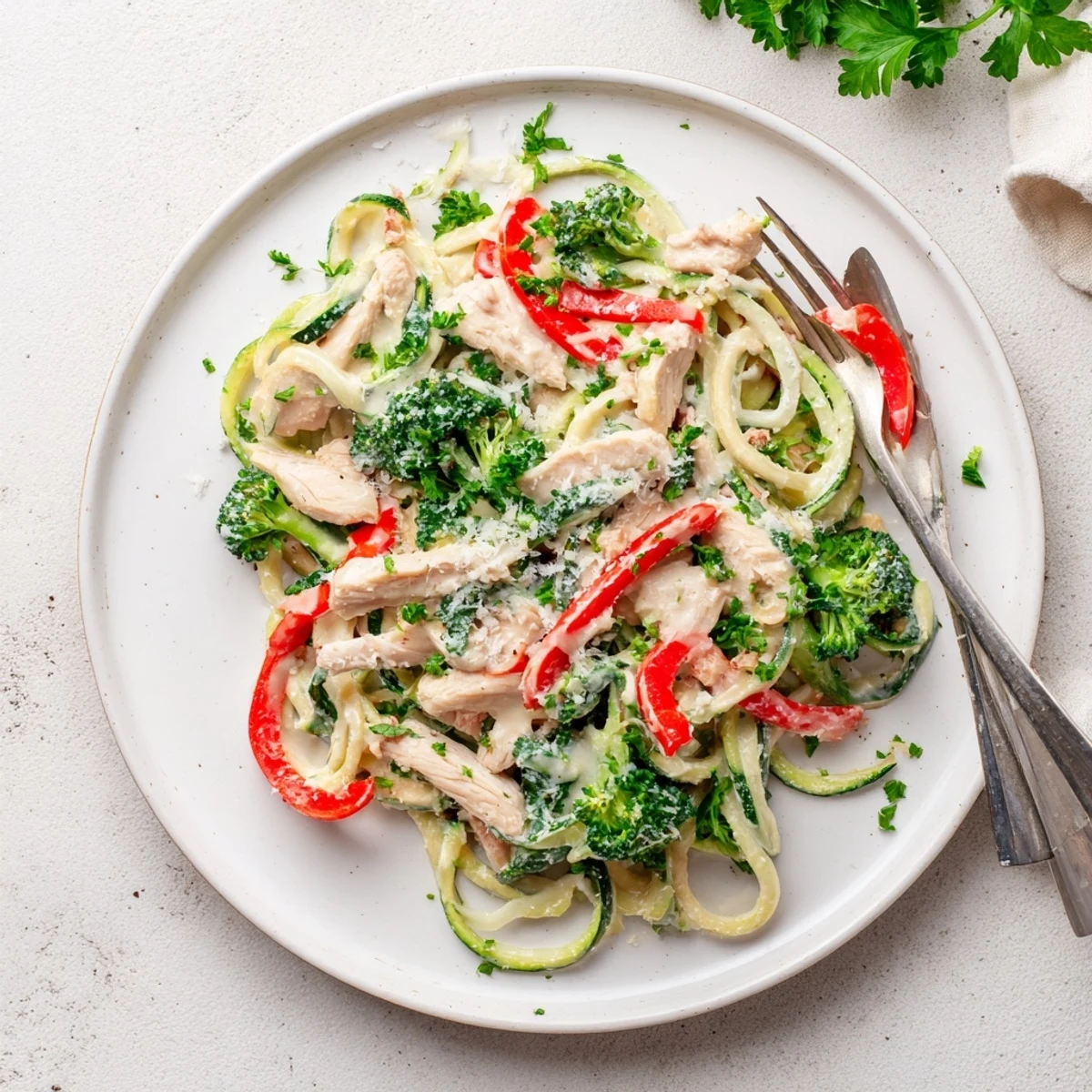 Golden chicken strips atop spiralized zucchini noodles in rich Parmesan cream sauce with fresh vegetables
