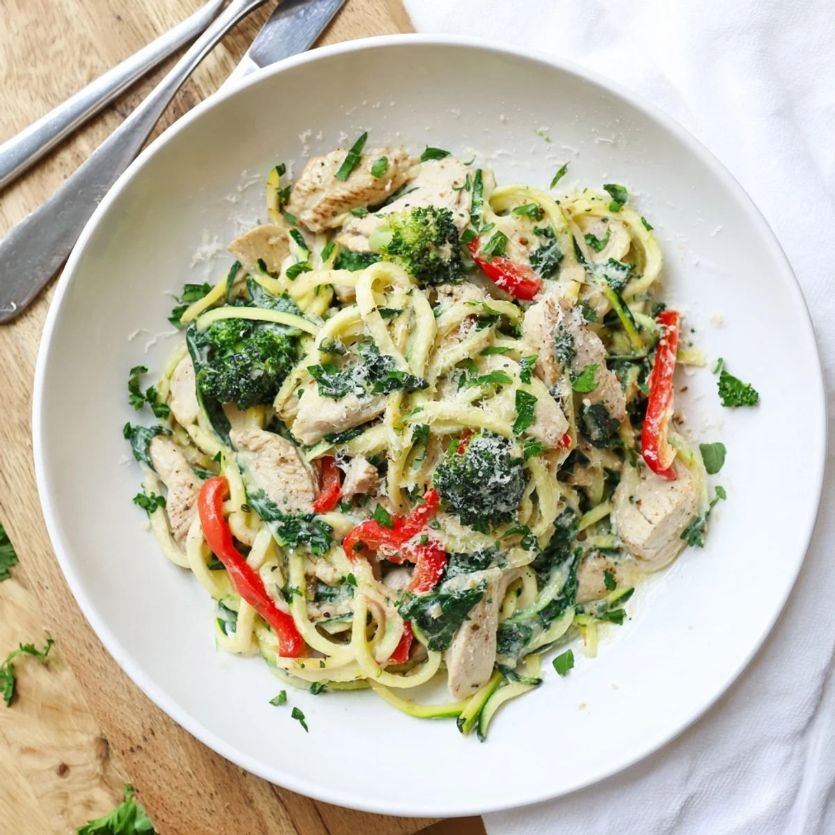 Protein-packed zucchini noodle Alfredo featuring creamy garlic sauce and colorful sautéed vegetables