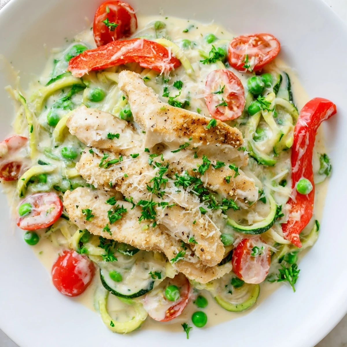 Creamy zucchini noodle chicken Alfredo bowl topped with juicy chicken strips and colorful vegetables