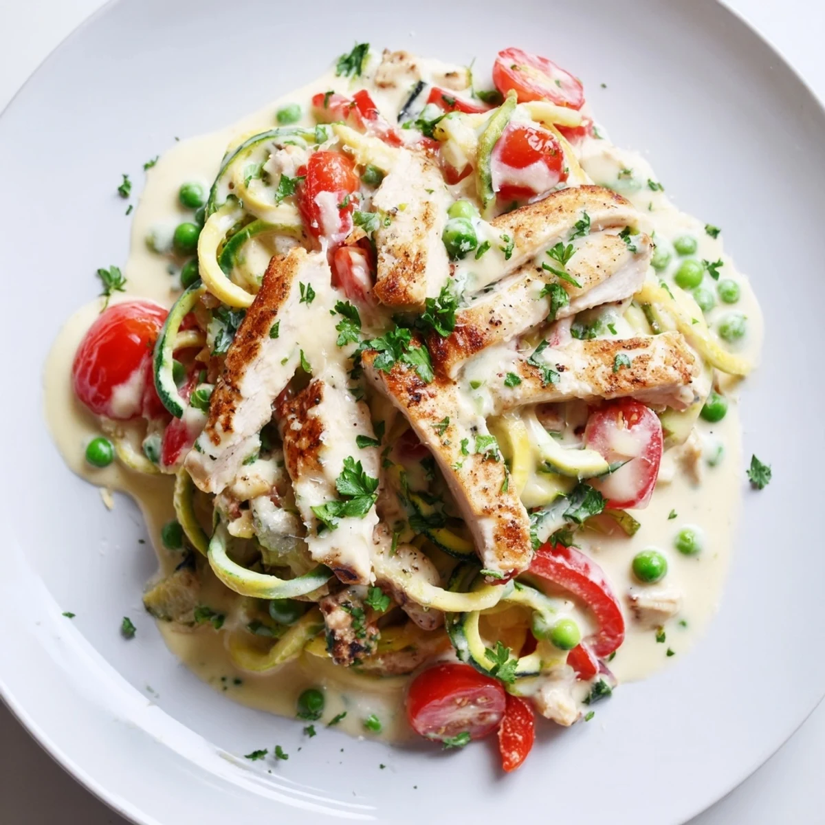 Spiralized zucchini noodles tossed in rich Parmesan cream sauce with tender chicken and fresh vegetables