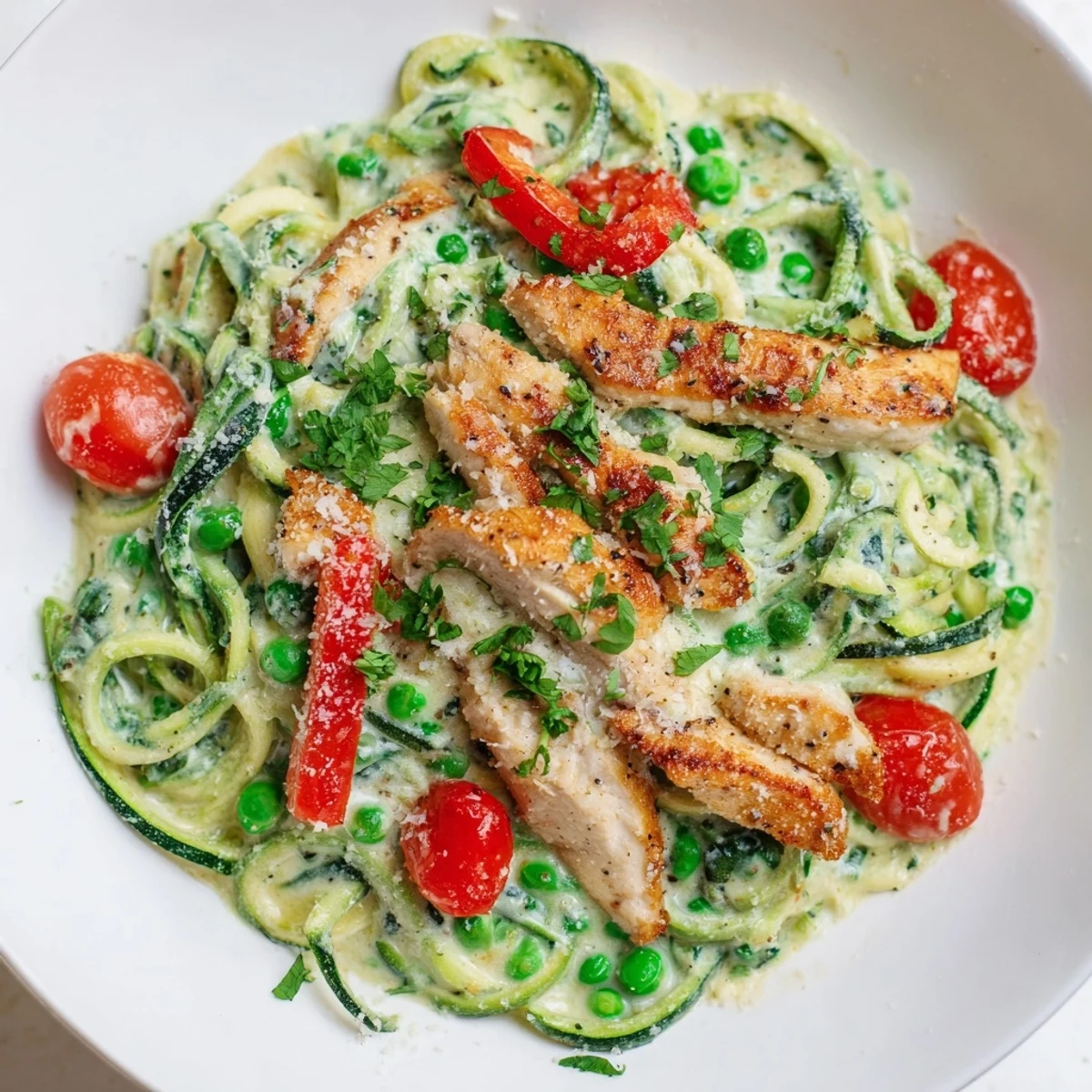Golden chicken breast served over vegetable-packed zucchini noodles with creamy white Alfredo sauce and parsley