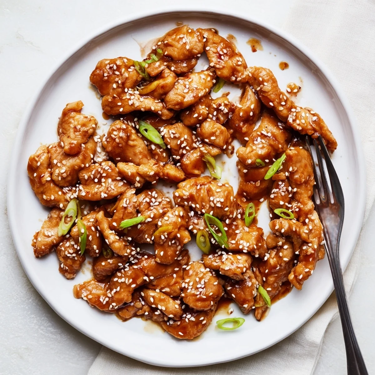 Tender shredded sesame chicken drizzled with thick rich glaze over fluffy white rice with fresh green onion garnish
