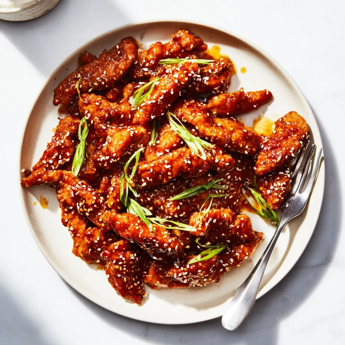 Golden pieces of slow cooker sesame chicken coated in glossy sweet savory sauce and sprinkled with sesame seeds