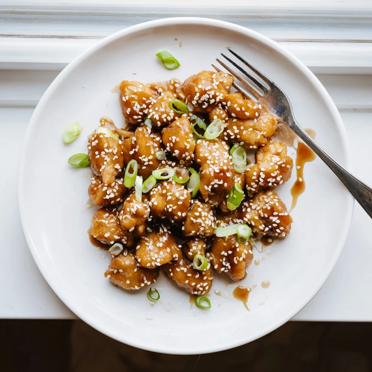 Crock Pot sesame chicken swimming in caramelized honey soy sauce garnished with toasted sesame seeds and sliced scallions