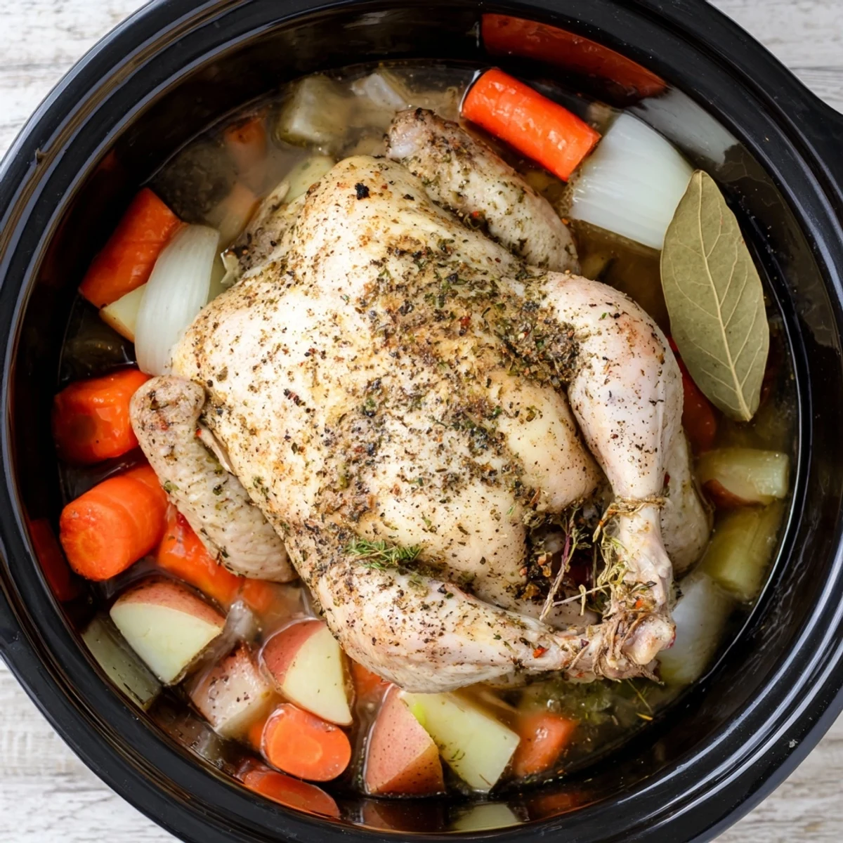 Golden whole Crockpot Chicken Pot Roast surrounded by tender carrots and potatoes in rich savory gravy