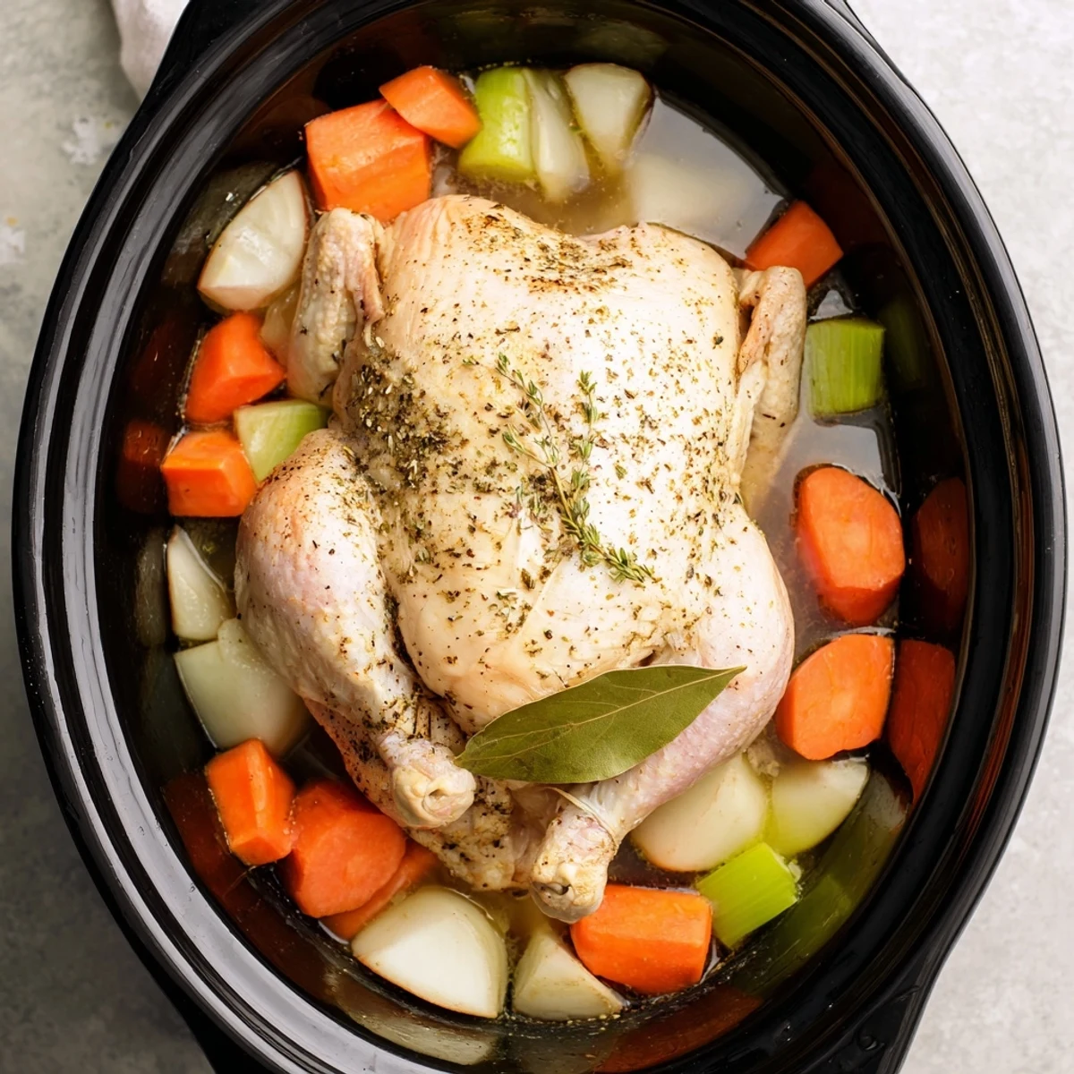 Comforting slow-cooked Crockpot Chicken Pot Roast with herb-crusted skin and fork-tender root vegetables