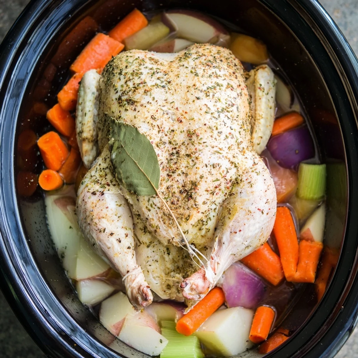 Family-style Crockpot Chicken Pot Roast plated with moist chicken chunks and savory vegetable medley