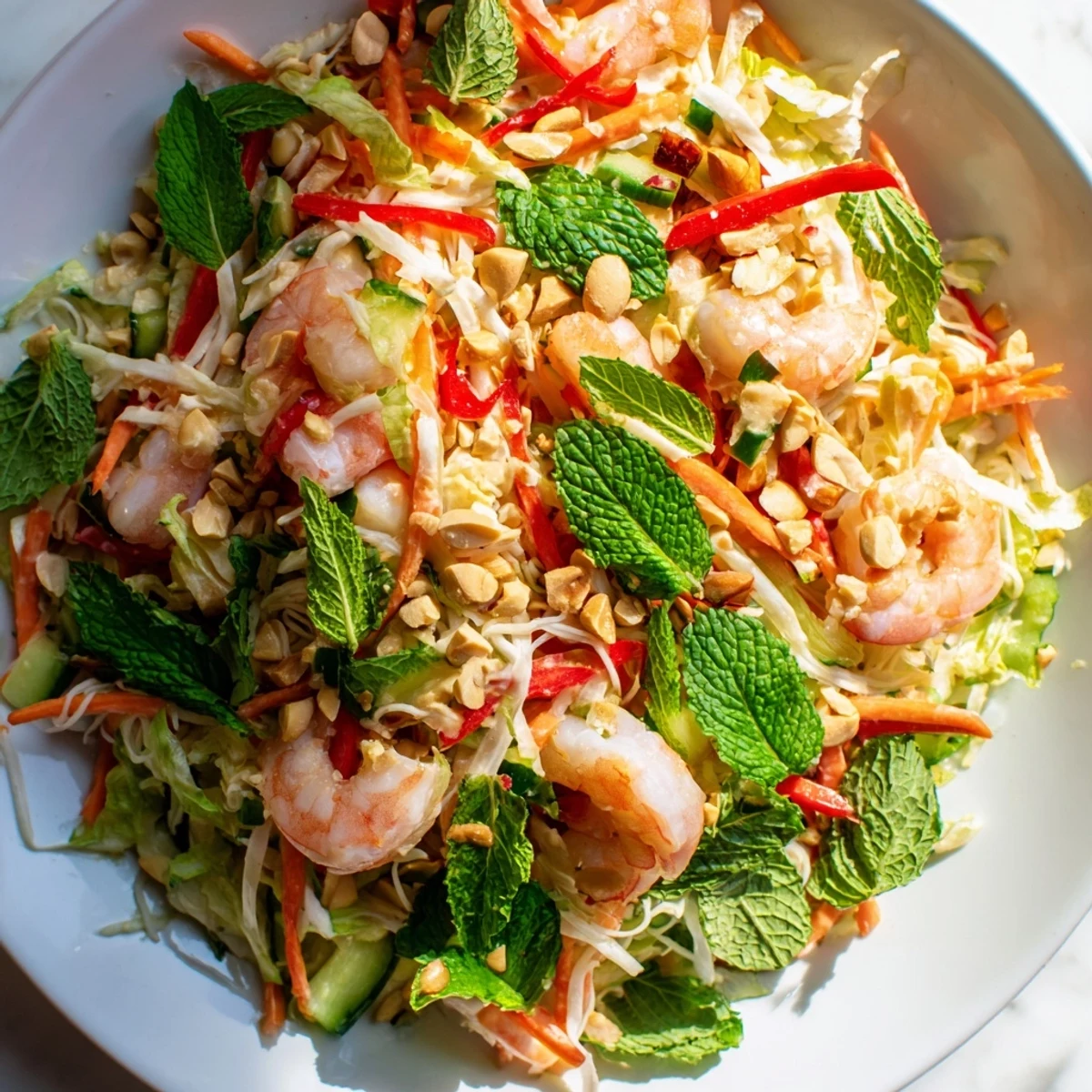 Colorful spring roll salad bowl with crisp vegetables, shrimp, and spicy ginger dressing drizzled on top