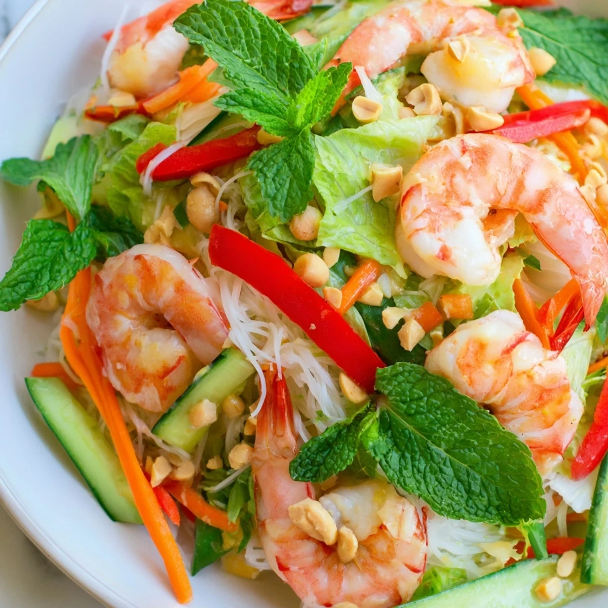 Fresh Vietnamese-style spring roll salad featuring julienned veggies, tender shrimp, and zesty ginger chili dressing