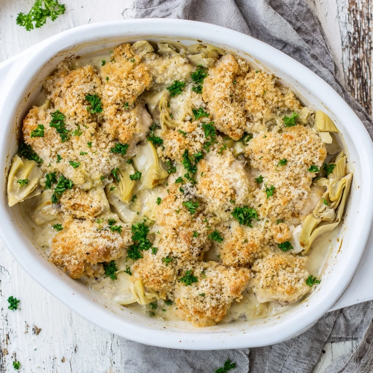Golden brown artichoke chicken bake with bubbling cheese and crispy breadcrumb topping