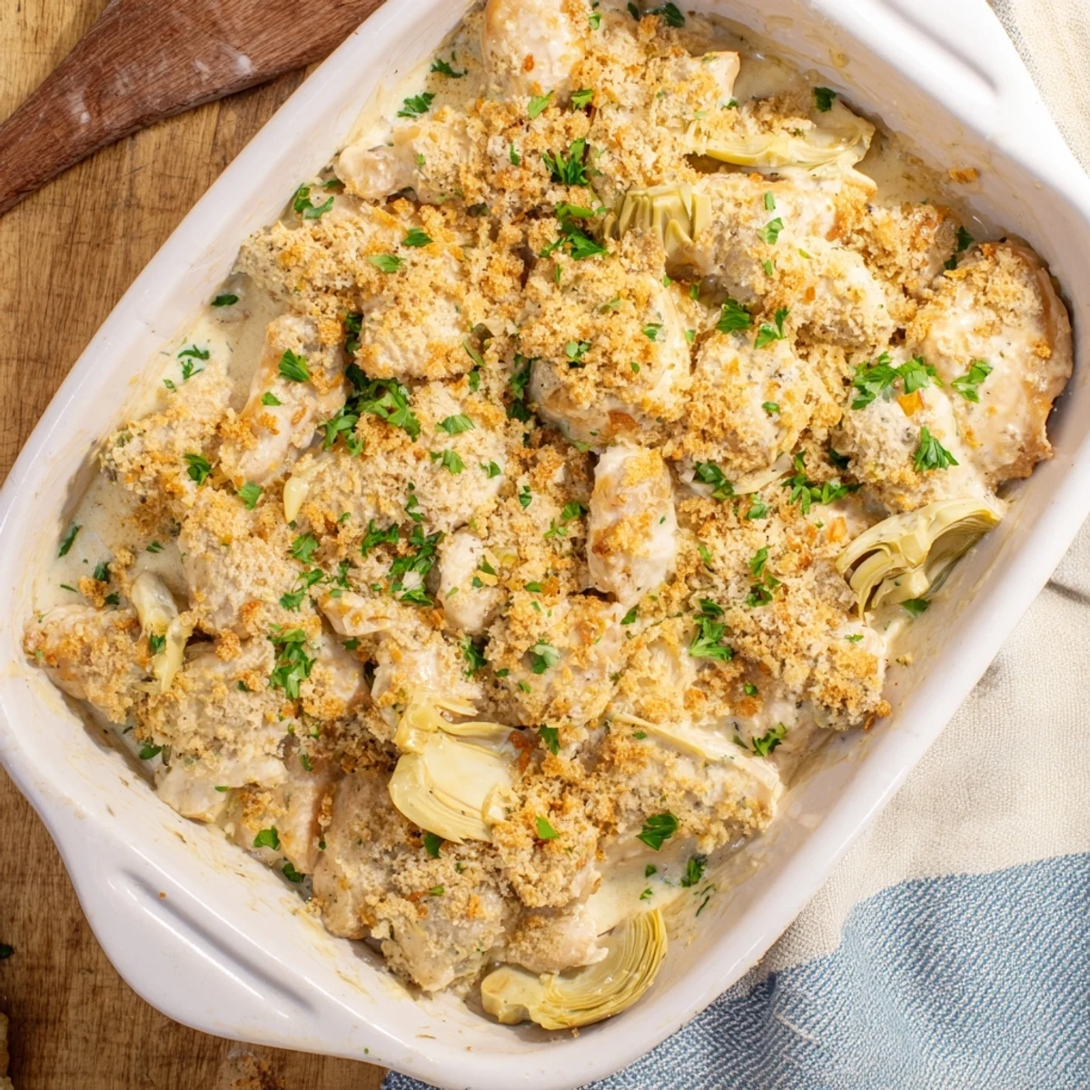 Bubbling artichoke chicken bake fresh from oven with golden parmesan breadcrumb crust