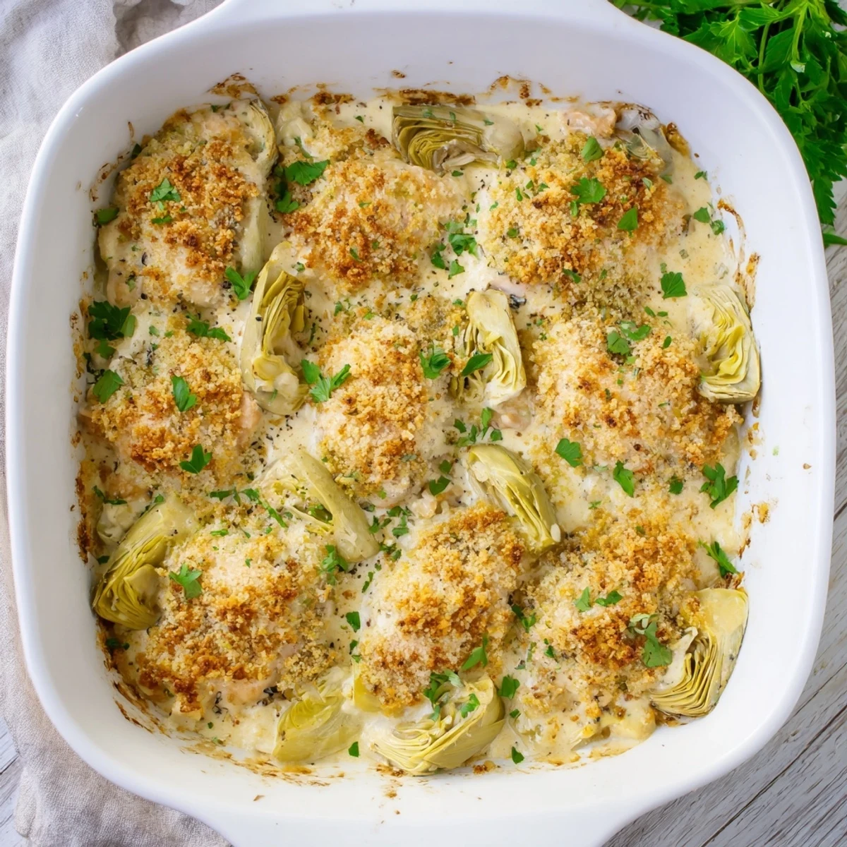 Creamy artichoke chicken bake casserole featuring tender breasts and melted mozzarella cheese