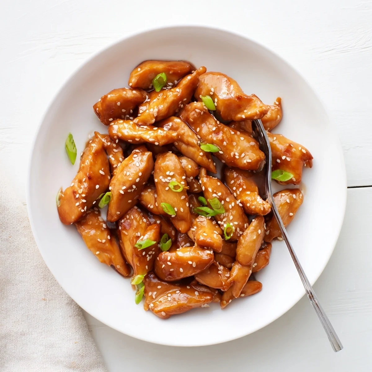 Tender shredded Crock Pot sesame chicken coated in thick sticky sauce over steamed white rice