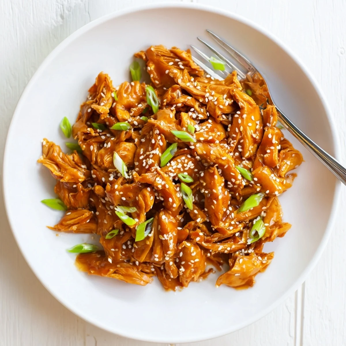 Golden glazed slow cooker sesame chicken garnished with sesame seeds and fresh green onions