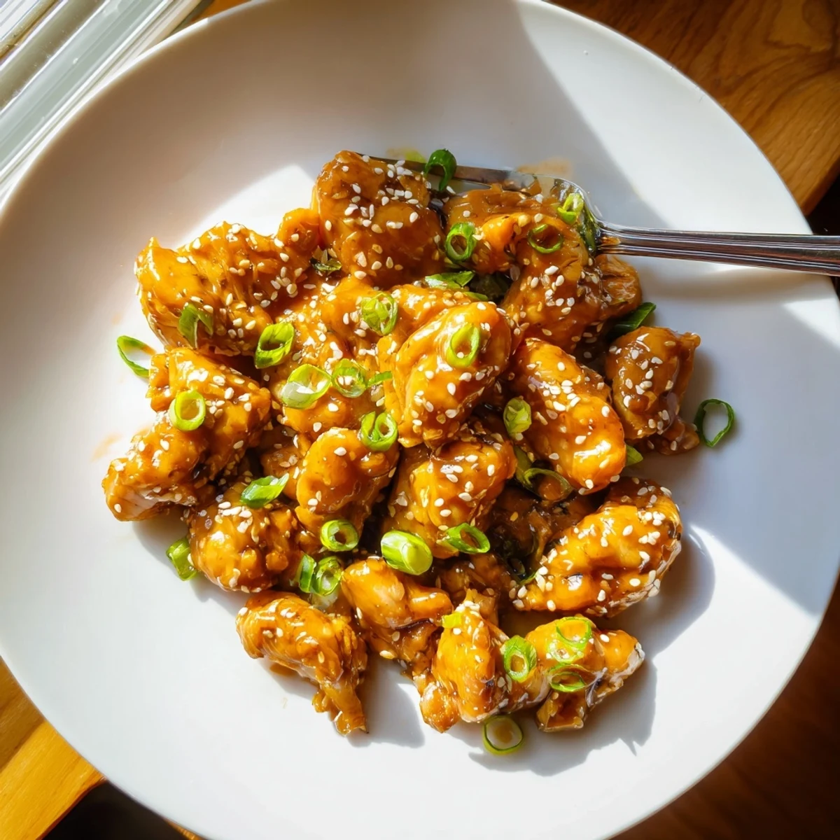Juicy chicken thighs slow cooked in savory sweet sesame sauce with toasted seed topping