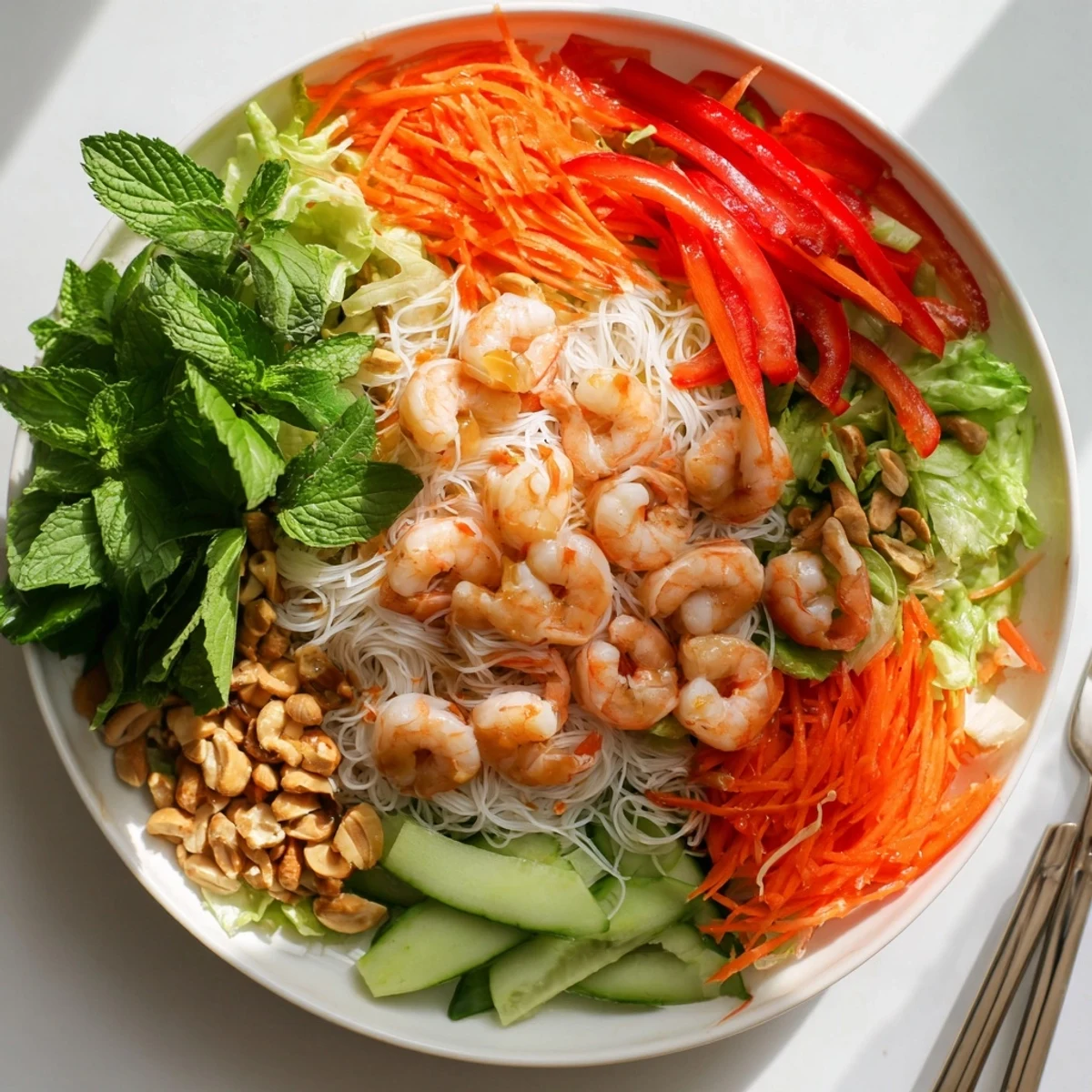 Fresh spring roll salad featuring tender shrimp, julienned carrots, cucumber, and herbs coated in zesty ginger dressing