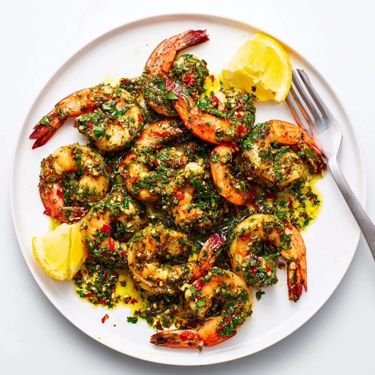 Sizzling skillet of juicy shrimp tossed with fresh parsley chimichurri sauce, garnished with lemon