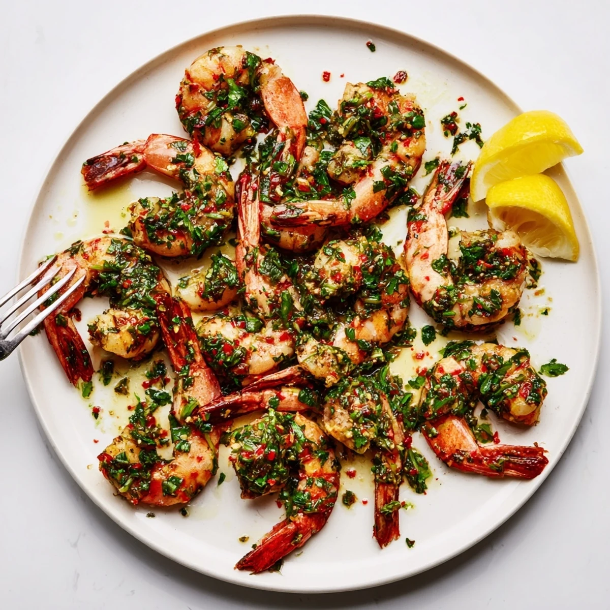 Golden pan seared chimichurri shrimp coated in vibrant green herb sauce on white plate