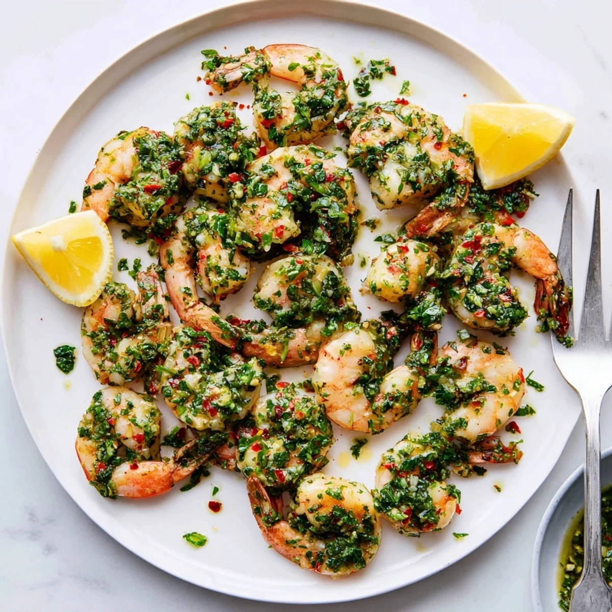 Close-up of tender seared shrimp drizzled with homemade chimichurri and red pepper flakes