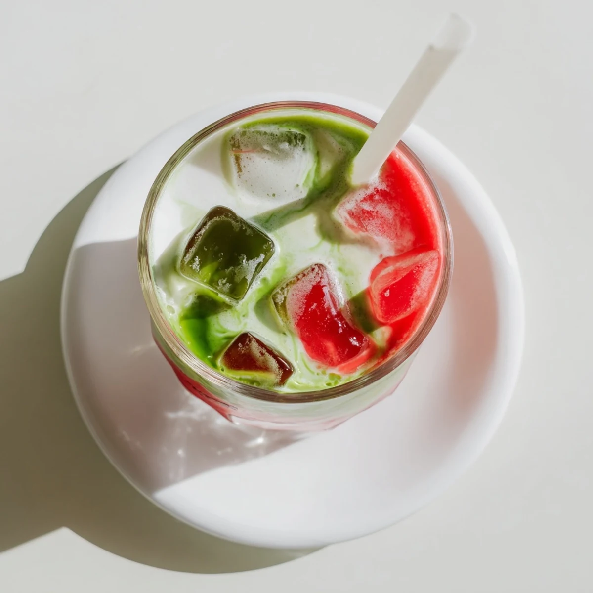 Strawberry Matcha Latte featuring vibrant red strawberry puree layered with frothy green matcha and creamy milk topped with ice