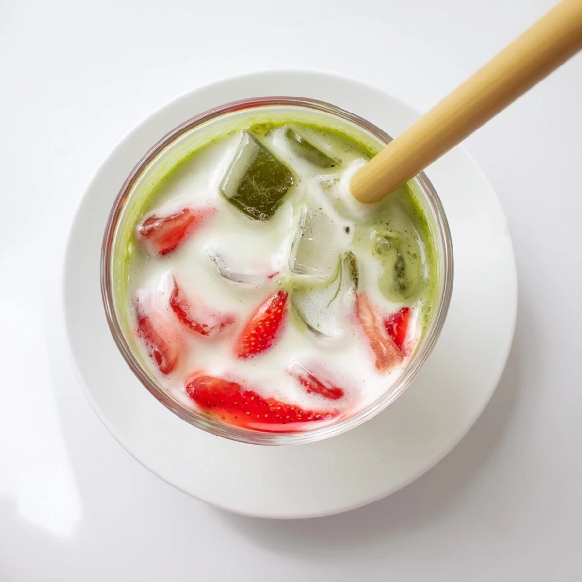 Glass of Strawberry Matcha Latte showing beautiful gradient layers of sweet strawberry puree earthy matcha and white milk