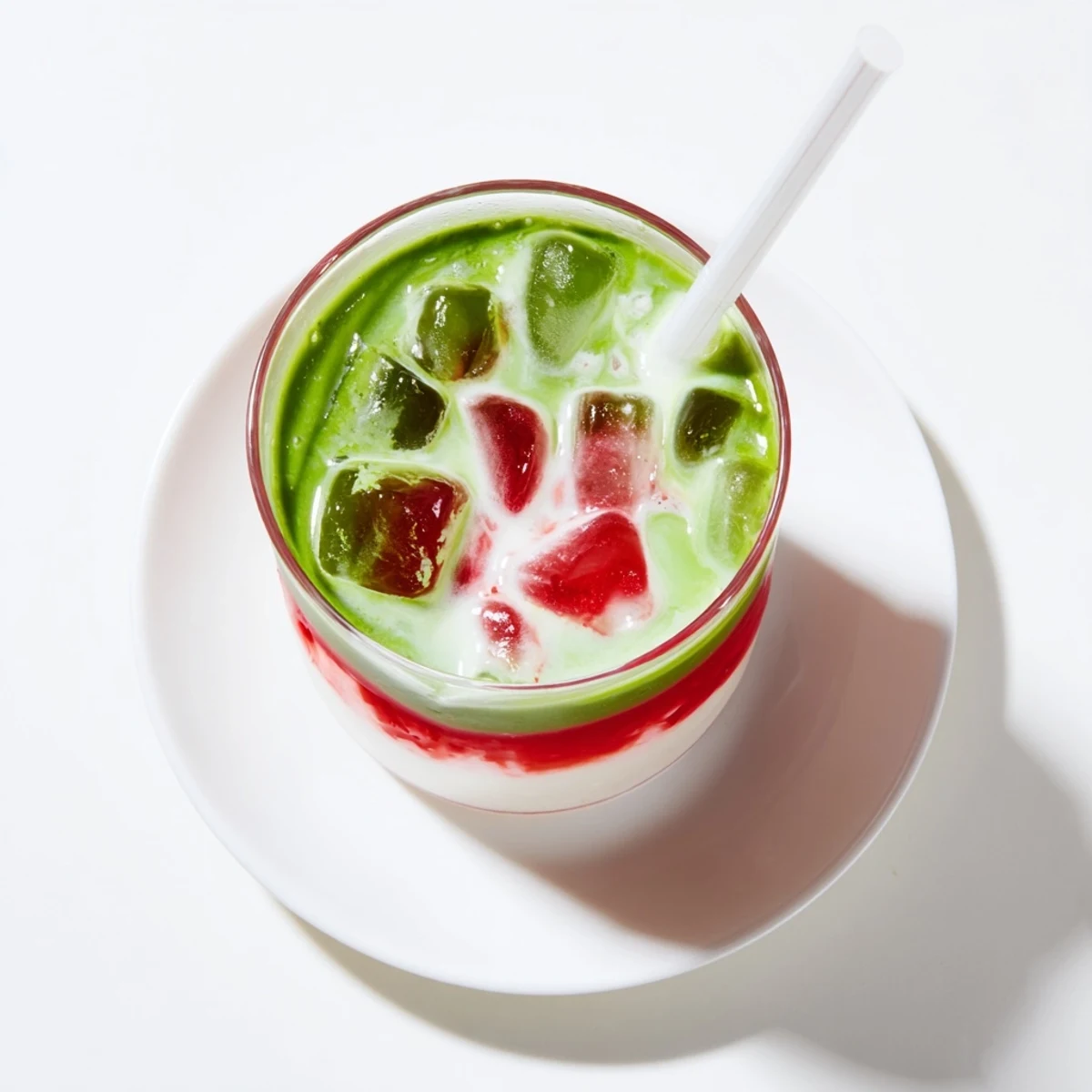 Refreshing Strawberry Matcha Latte served over ice with distinct colorful layers of strawberry matcha and milk in a clear glass