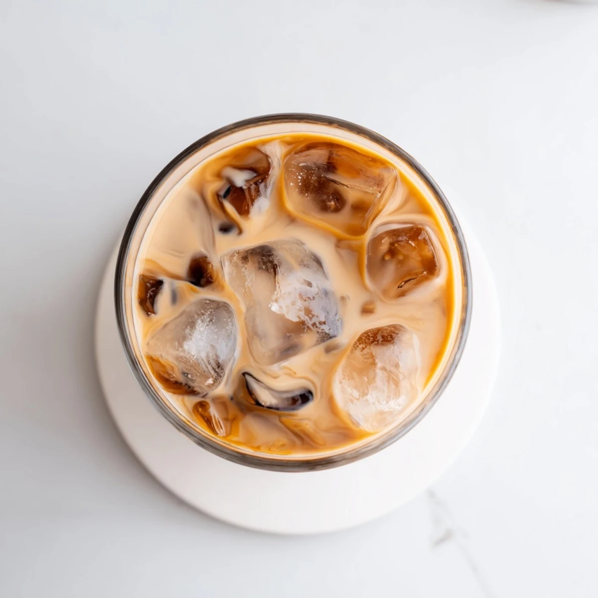 Glass of Okinawa milk tea with ice cubes showcasing rich caramel color and creamy texture