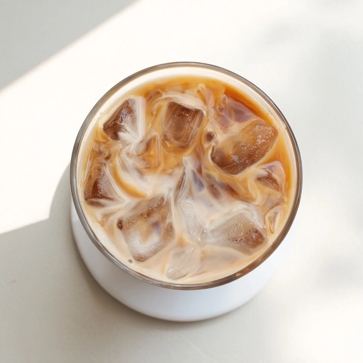 Refreshing Okinawa milk tea poured over ice in a clear glass with layered beige tones
