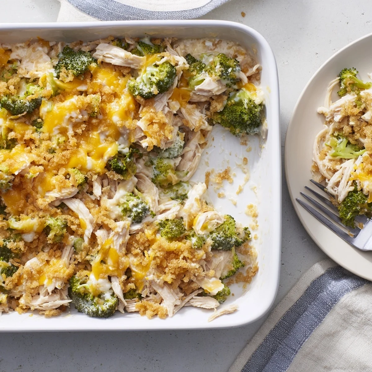 Golden chicken broccoli casserole with melted cheddar and crispy buttered panko topping bubbling in a baking dish