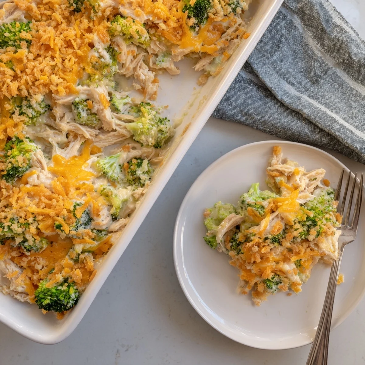 Creamy chicken broccoli casserole baked until golden brown with tender broccoli florets and shredded cheese throughout