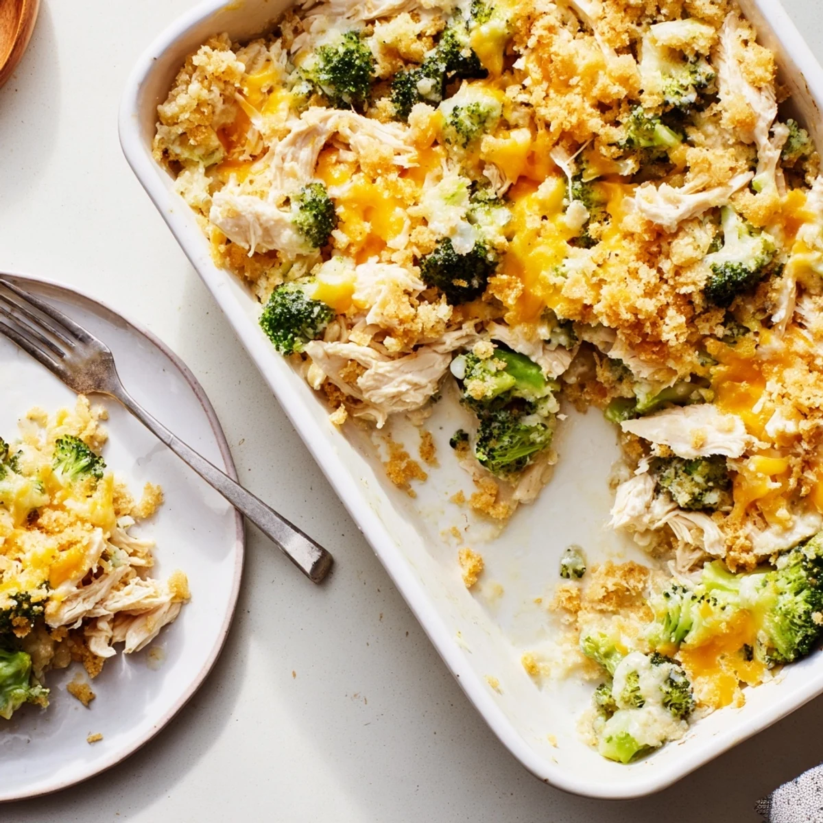 Homemade chicken broccoli casserole featuring cheesy sauce and crunchy breadcrumb crust served fresh from the oven