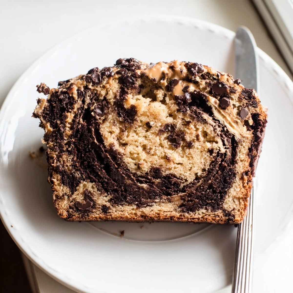 Thick slice of chocolate peanut butter banana bread with melty chips and peanut butter swirl on a white plate