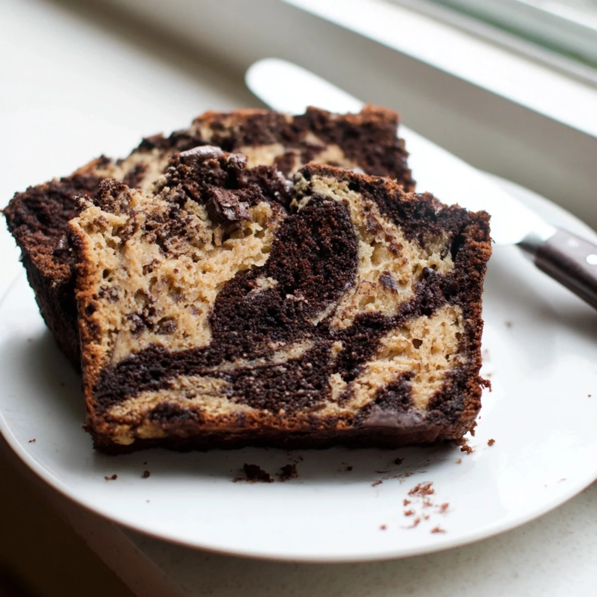 Moist chocolate peanut butter banana bread loaf freshly baked with golden crust and gooey peanut butter marbling on top