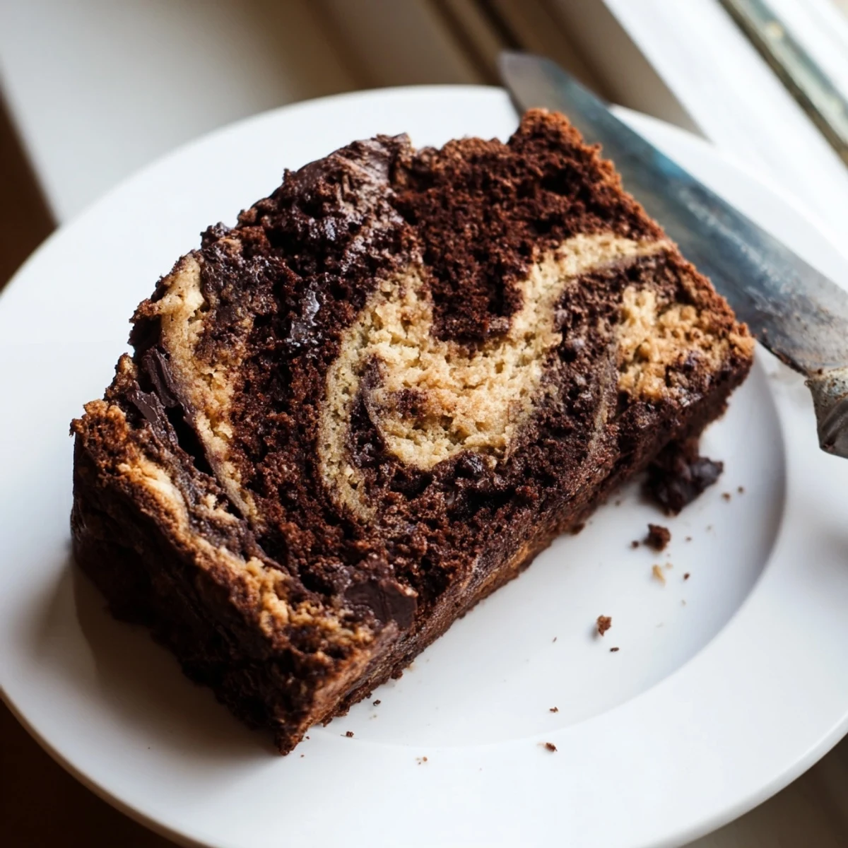 Homemade chocolate peanut butter banana bread sliced to reveal rich dark crumb studded with semi-sweet chocolate chips