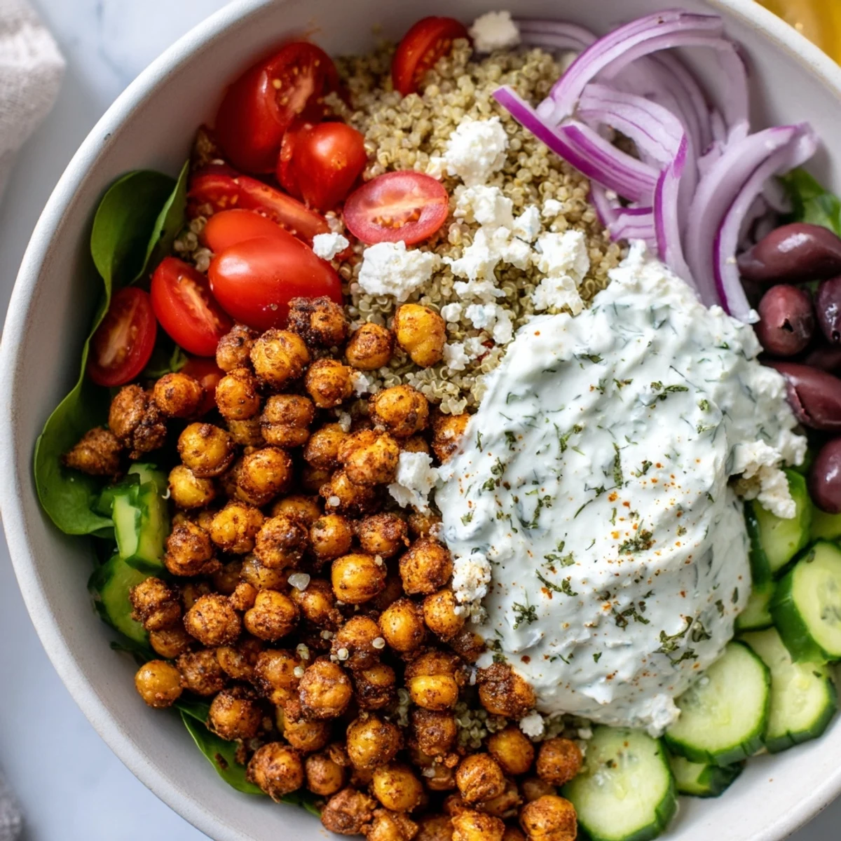 Colorful Greek power bowl with quinoa, roasted chickpeas, and fresh vegetables topped with creamy tzatziki sauce