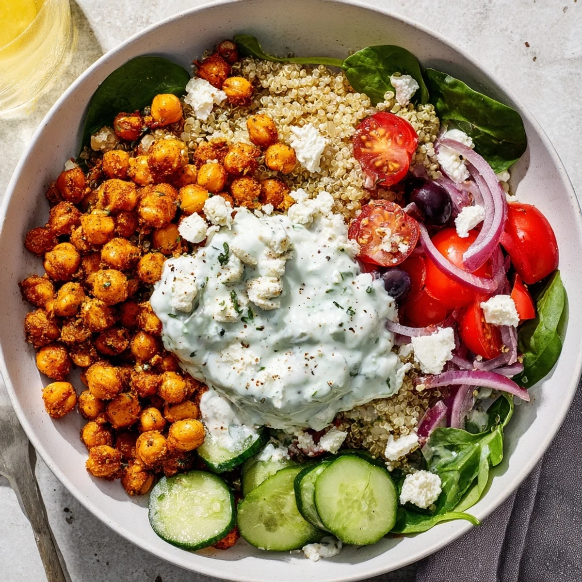 Healthy Greek power bowl featuring fluffy quinoa, crisp cucumbers, tomatoes, olives, and crumbled feta cheese