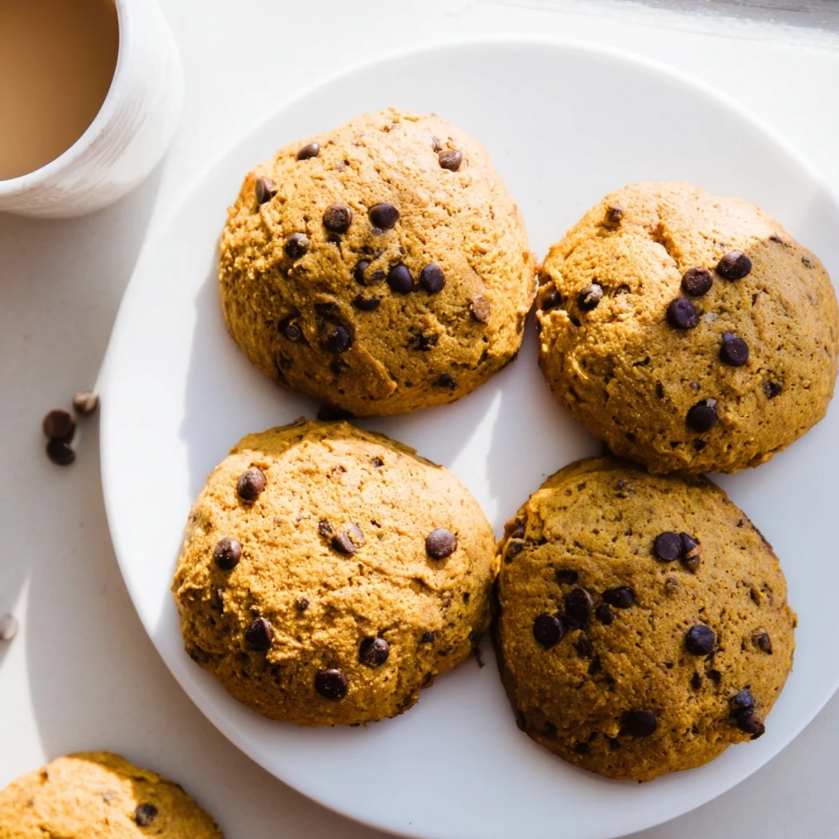 Tender pumpkin-spiced cookies dotted with chocolate chips arranged on a baking sheet for fall baking