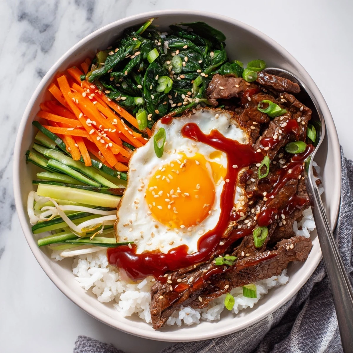 Vibrant breakfast bowl featuring crispy veggies, juicy beef, and runny egg topped with spicy gochujang