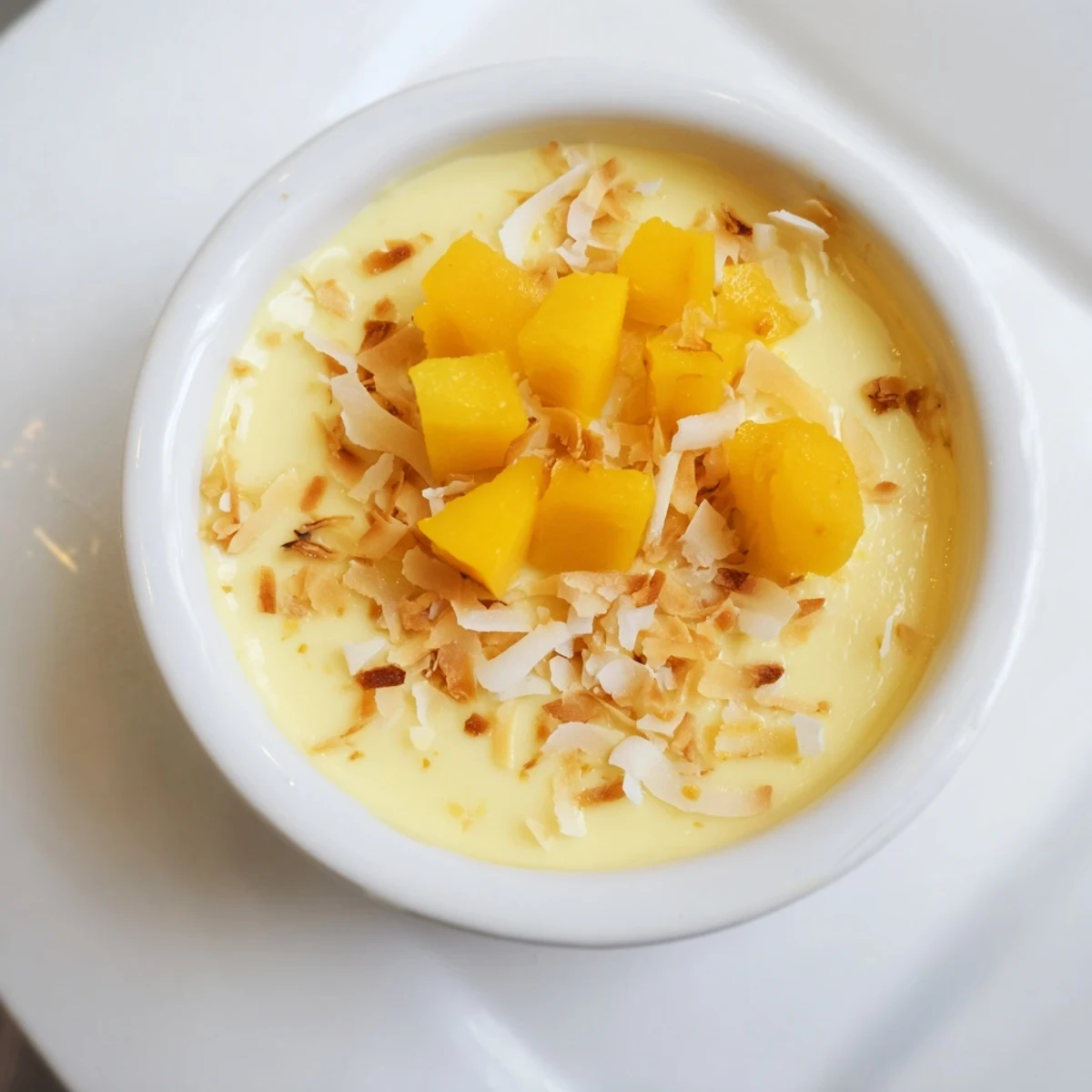 Silky Thai coconut custard steamed in white ramekins with toasted coconut topping