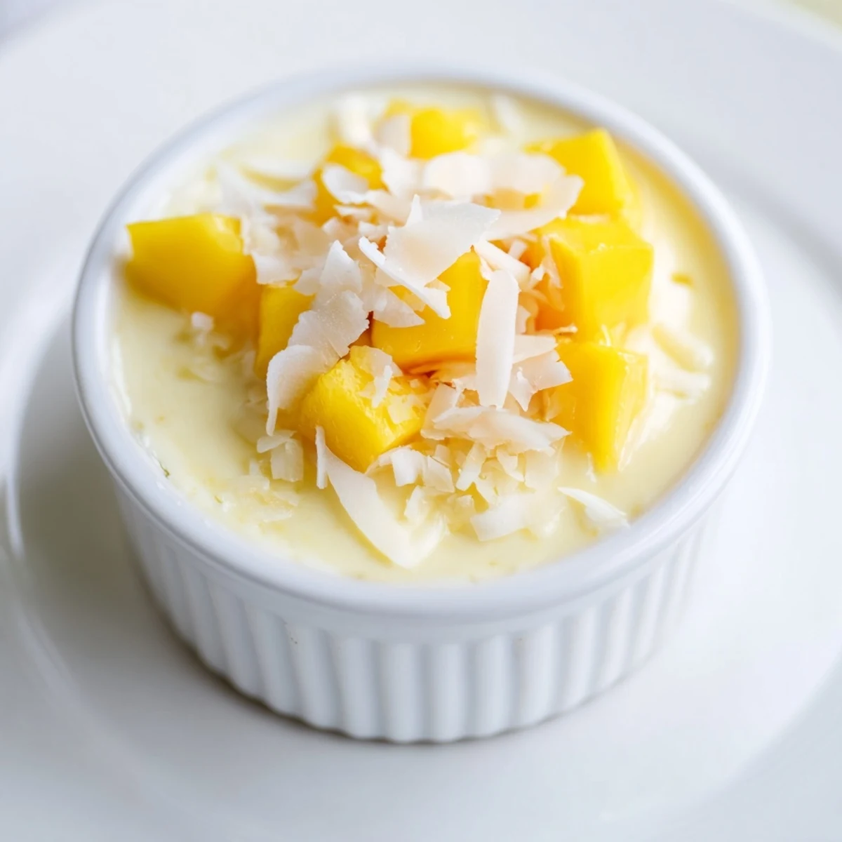 Creamy Thai coconut custard dessert garnished with fresh mango slices and shredded coconut