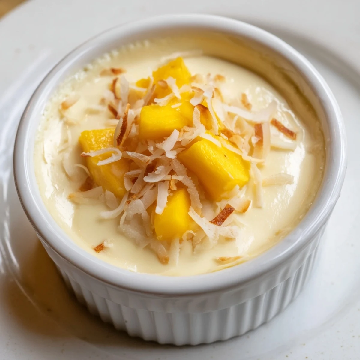 Golden Thai coconut custard served chilled in small cups with coconut sprinkles