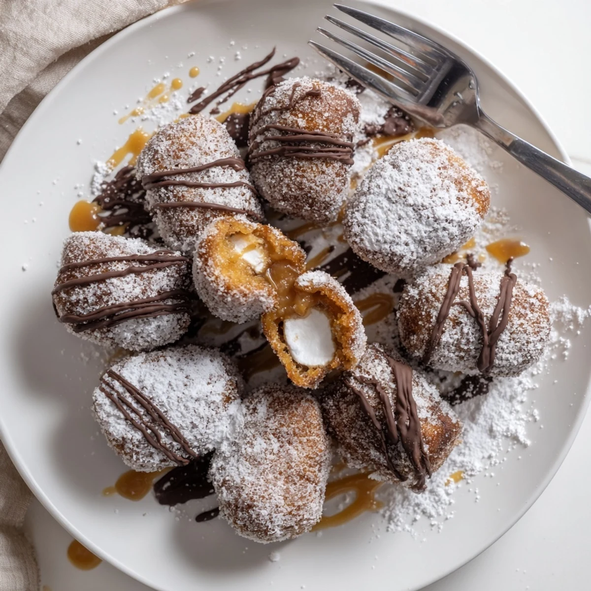 Golden deep fried marshmallows with crispy exterior dusted in powdered sugar on white plate