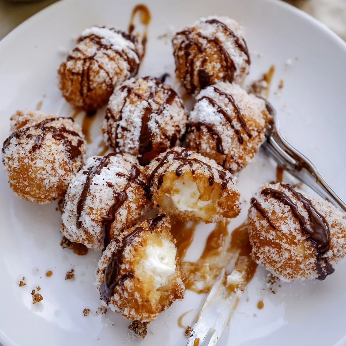 Gooey deep fried marshmallows drizzled with chocolate sauce served on rustic wooden board