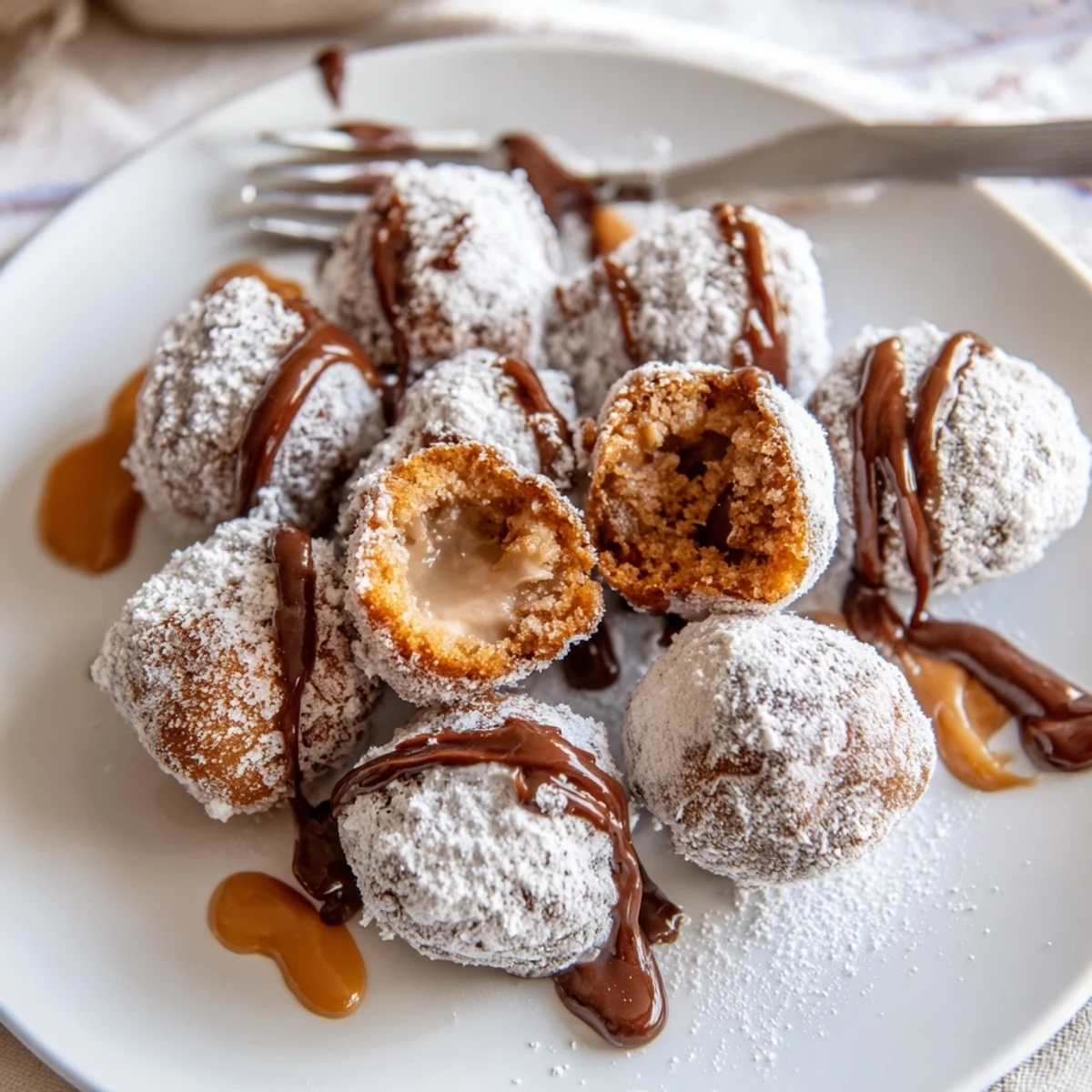 Freshly fried golden marshmallows stacked on plate with caramel drizzle and powdered sugar