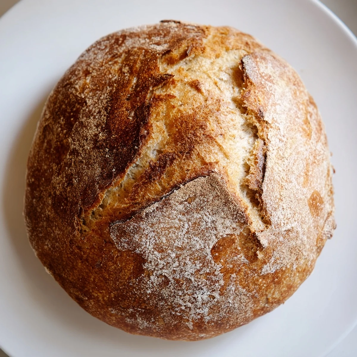 Golden crusty artisan no knead bread loaf with chewy interior on wooden board